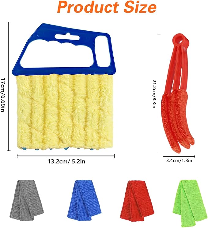 4pcs Window Venetian Blind Cleaner Duster Tool,Blind Duster for Cleaning,Microfiber 7Finger Duster Brush Dusting Cleaner Tool ，for Window Shutters Air Conditioner,with 4 Cloth Cover(Blue/Green)