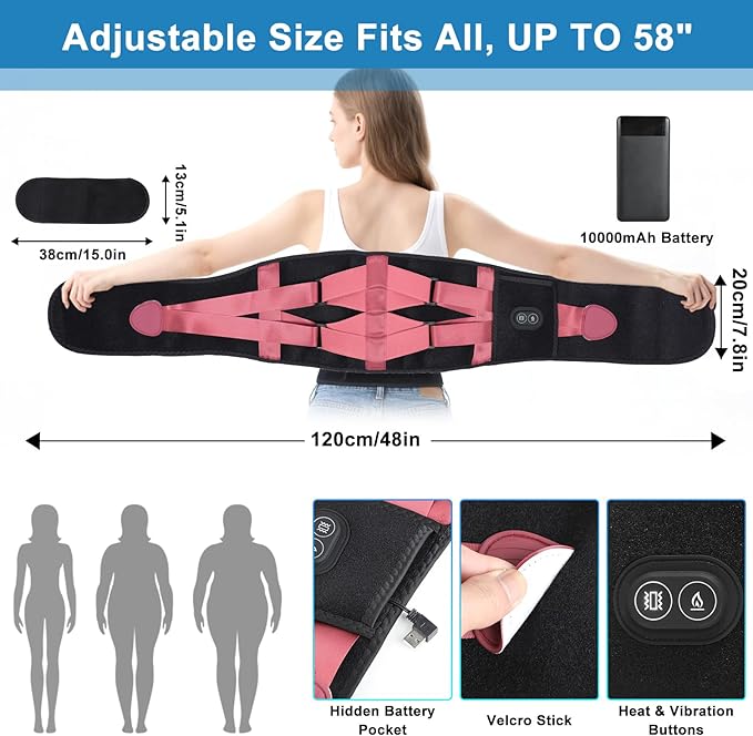 Cordless Heating Pad with Massager for Back Pain Relief, 10000mAh Quiet Lower Back Massager with 3 Heat 3 Vibration, Portable Heated Massage Pad Birthday Gifts for Dad Mom, Pink