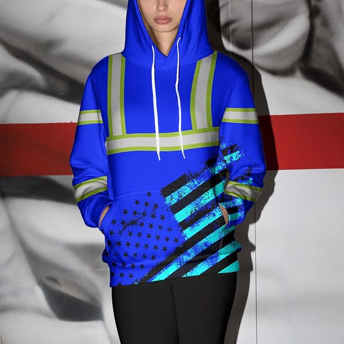 Color US Flag High Visibility Hoodie for Men Women Reflective Tapes Safety Workwear for Worker Runner Patriotic