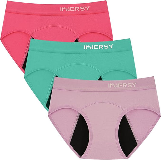 INNERSY Period Underwear for Teens Girls Cotton Leak-Proof Menstrual Panties 3-Pack