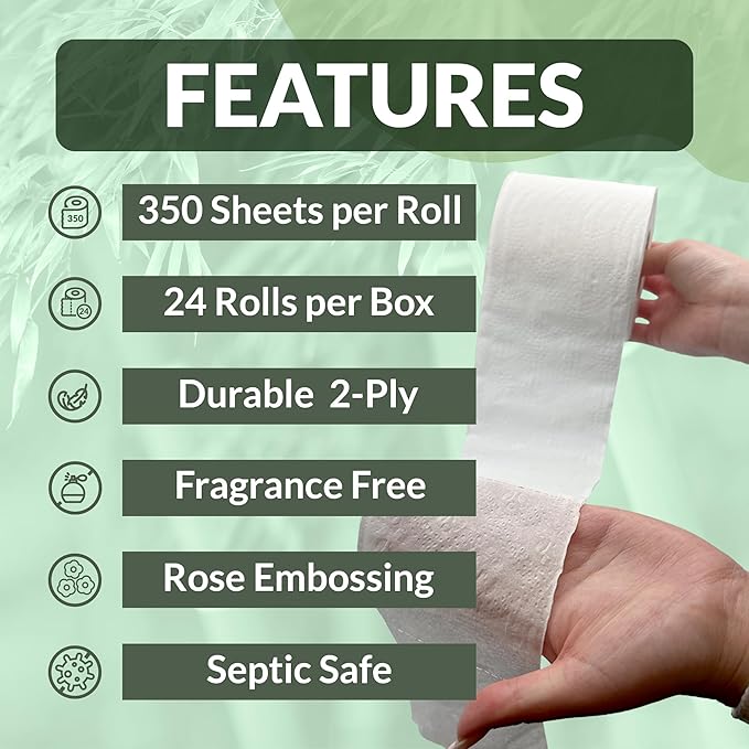 Reli. Bamboo Toilet Paper (24 Jumbo Rolls) | Bathroom Tissue Toilet Paper 2 Ply (350 Sheets/Roll) | Organic Bathroom Paper Bulk | Bamboo Chemical Free Toilet Tissue Rolls (8400 Sheets Total)