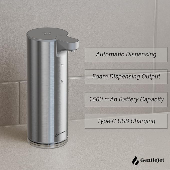 EasyFoam Automatic Foaming Soap Dispenser - Rechargeable Automatic Soap Dispenser Touchless for Bathroom or Kitchen, Motion Sensor, 2 Levels, IPX5 Water-Resistant, 9.5oz (Silver)