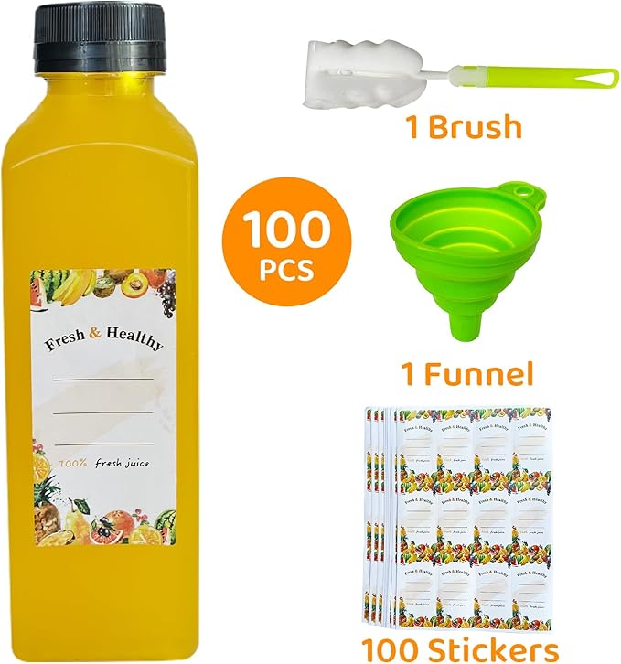 100pcs 16 oz Plastic bottles with lids,Juice bottles with caps, Reusable Clear Bulk Beverage Containers for Juice, Milk and Other Beverages