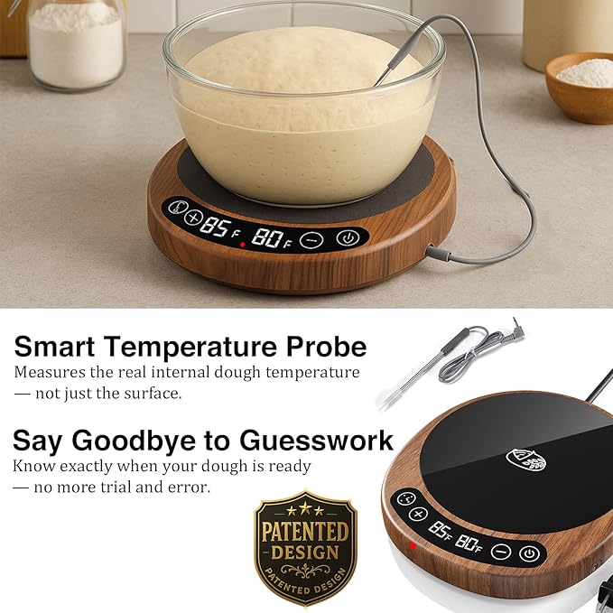 Larger 2-in-1 Sourdough Starter Warmer Pro - 2026 Upgrade Larger Heating Plate, Dough Temp Probe, 1°F Control (70–110°F), 24H Timer, Real-Time Monitoring, for Beginner Bakers Black