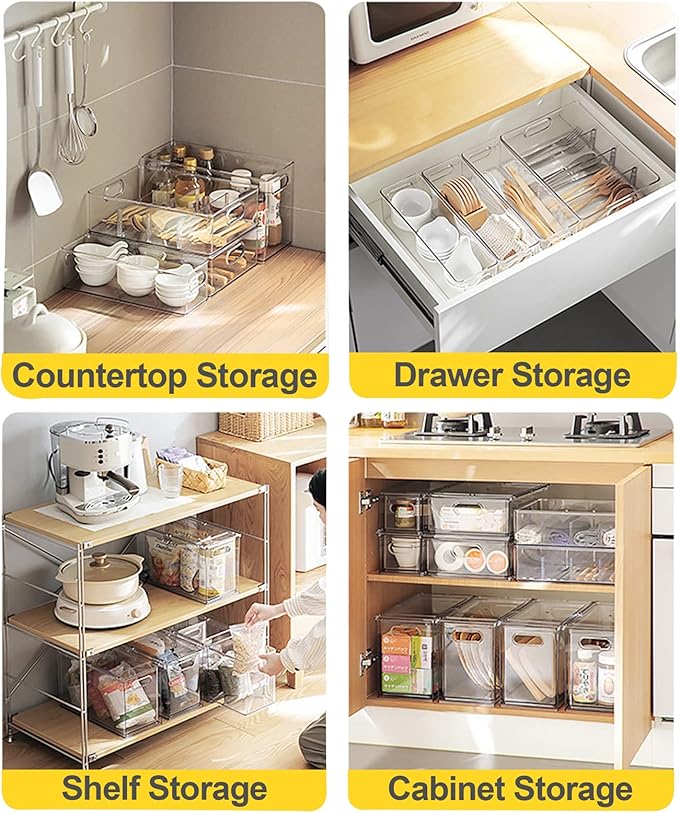 4 Pack Refrigerator Organizer Bins with Pull-out Drawer Stackable Clear Fridge Drawer Organizer Fruit Vegetable Storage Containers for Kitchen Pantry Organization (1 Large+1 Tall+2 Small)