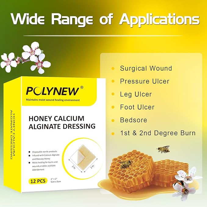 Manuka Honey Calcium Alginate Dressing, 12 Individual Pack, 2"x2" Patches, Wound Dressing with Calcium Alginate, Bandages for Burns, Faster Wound Care