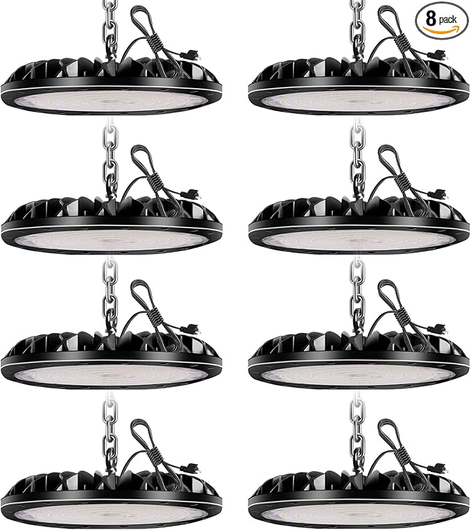 8 Pack 100 W UFO LED High Bay Light, 10000LM, Bright LED Shop Light with 4ft 110V Plug Cable, 6000K Bay Lighting IP65 Waterproof for Barn/Garage/Commercial Warehouse/Wet Location