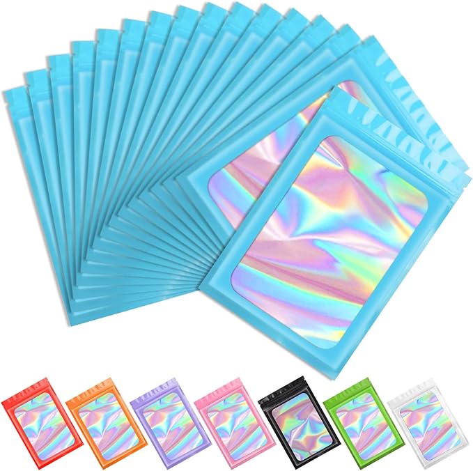 Funfery 100 pcs Smell Proof Mylar Holographic Bags Packaging Bags, Clear Seal Resealable Odor Proof Bag Foil Pouch Zipper Bag for Food Storage and Lipgloss,Jewelry,Eyelash Packaging(Blue,4x6In)