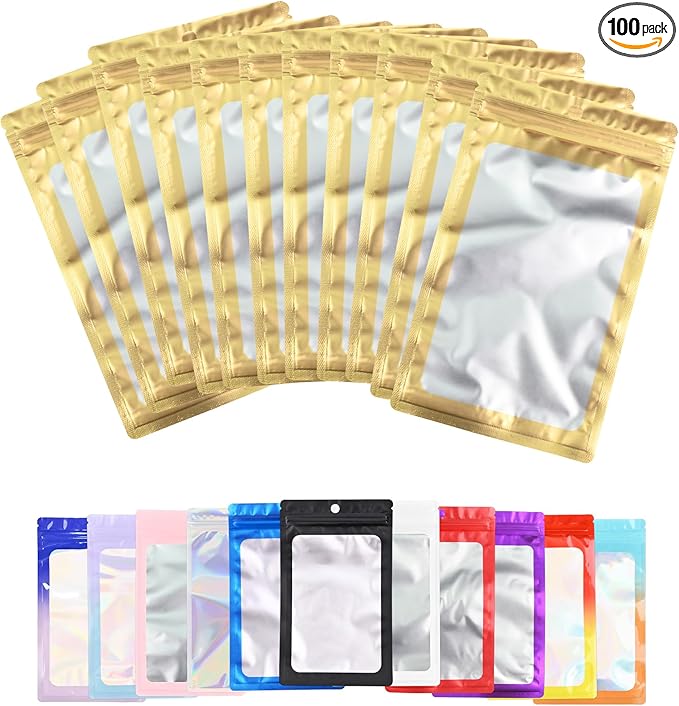 100 Pack Resealable Plastic Bags for Food Storage, Zipper Bags with Clear Front Window, Packaging Pouch for Small Business (Gold, 2.4x3.9 inch)