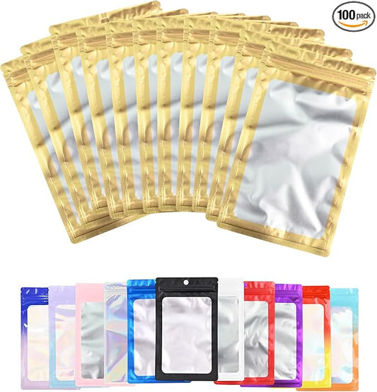 100 Pack Resealable Plastic Bags for Food Storage, Zipper Bags with Clear Front Window, Packaging Pouch for Small Business (Gold, 5.1x8.3 inch)