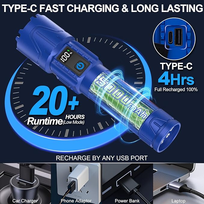 Banral Rechargeable Tactical Flashlights High Lumens - 5000mAh Super Bright LED Powerful Flash Light, Waterproof Handheld USB C Flashlight for Home,Car,Camping,Emergencies,5 Modes,Zoomable (1, Blue)