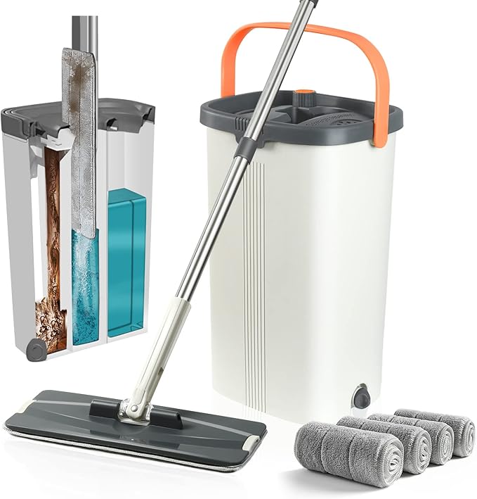 Jelymark Flat Mop and Bucket with Wringer Set, Separates Dirty and Clean Water, 3-Chamber Mop Wet and Dry Use, Not-Hands Squeeze Mops for Floor Cleaning, 4 Reusable Microfiber Mop Pads Included