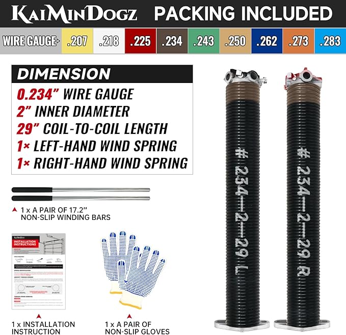 Pair of 2" Garage Door Torsion Springs Set with Non-Slip Winding Bar & Gloves,High Precision Electrophoresis Black Coated, for Replacement & Installation, MIN 16,000 Cycles (0.234x2''x29'')