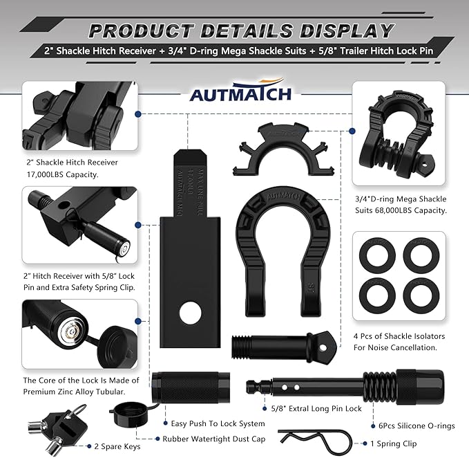AUTMATCH Shackle Hitch Receiver 2" with 3/4" Mega D Ring Shackle and 5/8" Trailer Hitch Lock Pin, 68,000 Lbs Break Strength Heavy Duty Receiver Towing Kit for Off-Road Vehicle Recovery, Matte Black