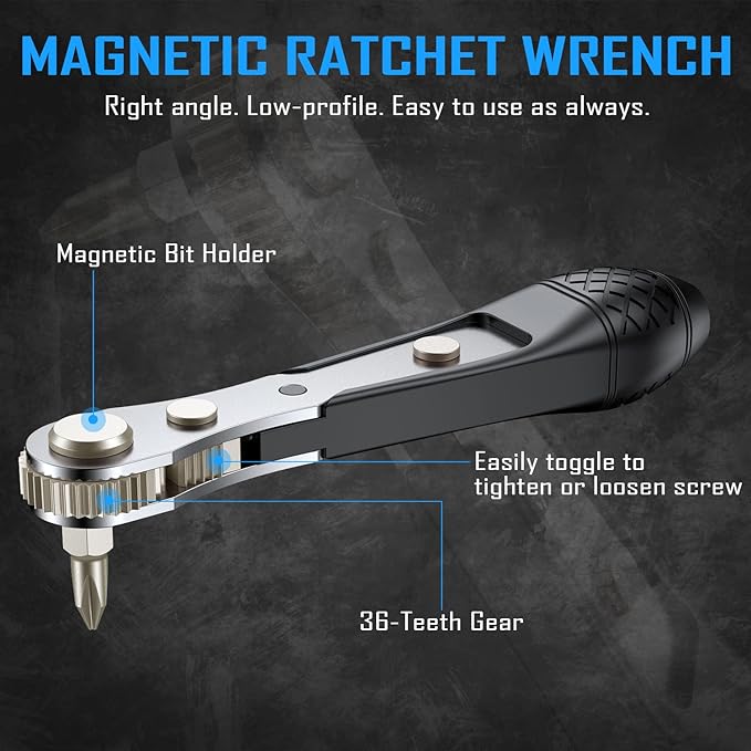 37in1 S2 Steel Mini Ratchet Wrench Screwdriver Bit Set with 1/4" Hex Shank Phillips/Pozidriv/Hexagon/Torx/Slotted/Square Bits, 36-Tooth Gear, Magnetic Bit Holder, 90 Degree Drive Handle