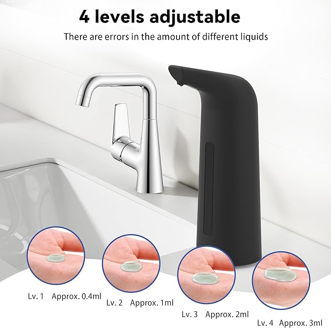 Automatic Touchless Soap Dispenser with 4 Adjustable Levels，400ml Battery Operated Liquid Hand Sanitizer Pump for Kitchen Sink, Bathroom Countertop-Infrared Sensor, Plastic, Waterproof Design