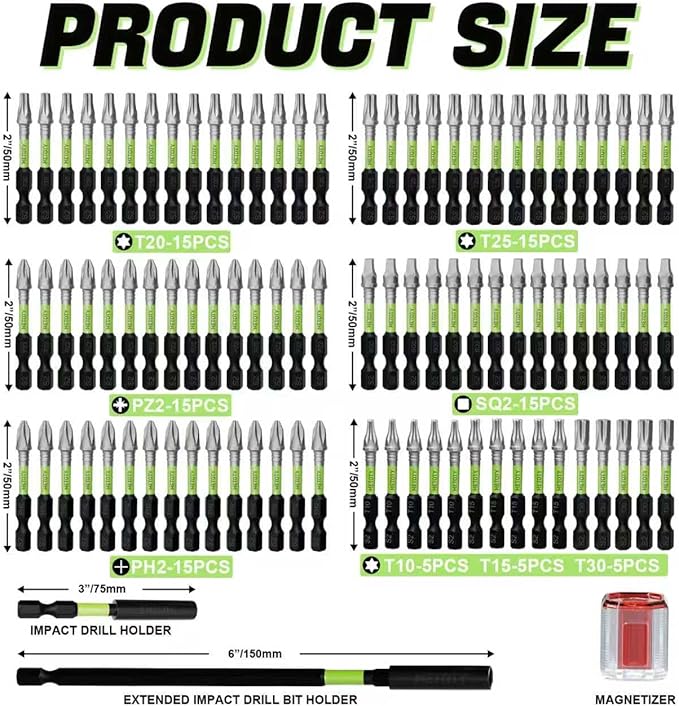 93Pcs impact driver bit set, Has Magnetic Functionality Screwdriver Bit Set. 2" (PH2,PZ2,SQ2,T10,T15, T20,T25,T30) a Magnetizer, and Extension rod, All made of S2 steel, Hard and Durable.