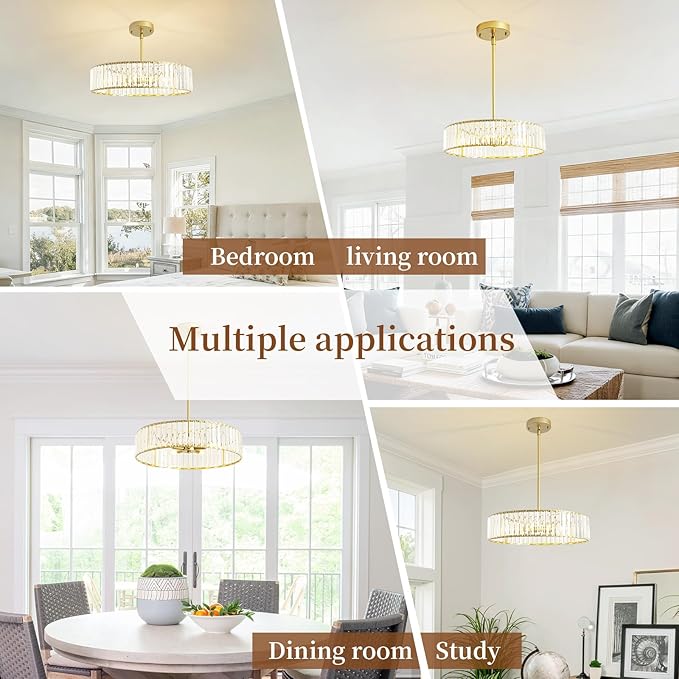 5-Light Gold Crystal Chandelier for Dining Room, Modern Semi Flush Mount Chandelier Lighting Fixtures, Round Kitchen Hanging Drum Pendant Lights Ceiling for Living Room Bedroom Entryway Foyer， 20 Inch