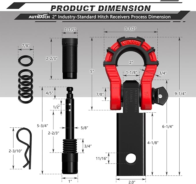 AUTMATCH Shackle Hitch Receiver 2" with 3/4" Mega D Ring Shackle and 5/8" Trailer Hitch Lock Pin, 68,000 Lbs Break Strength Heavy Duty Receiver Towing Kit for Off-Road Vehicle Recovery, Black & Red