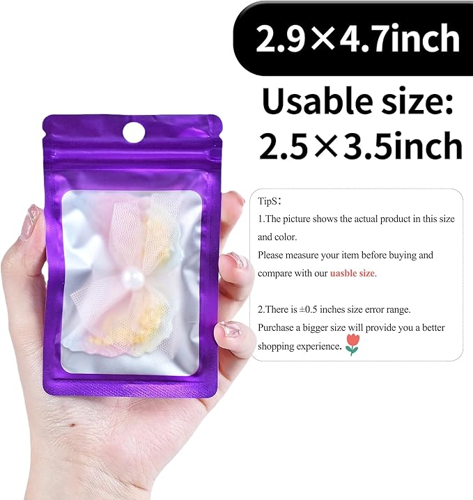 100 Pack Resealable Plastic Bags for Food Storage, Zipper Bags with Clear Front Window, Packaging Pouch for Small Business (Purple, 2.9x4.7 inch)