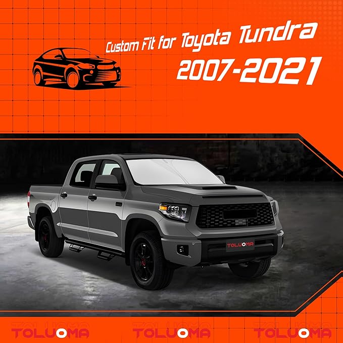 Custom Fit Windshield Sun Shade for Toyo-ta Tundra 2007-2021 - Full Coverage, 210T Reflective Fabric, Double-Layer Design - Blocks 99% UV Rays, Keeps Car Cool, Easy to Install and Store