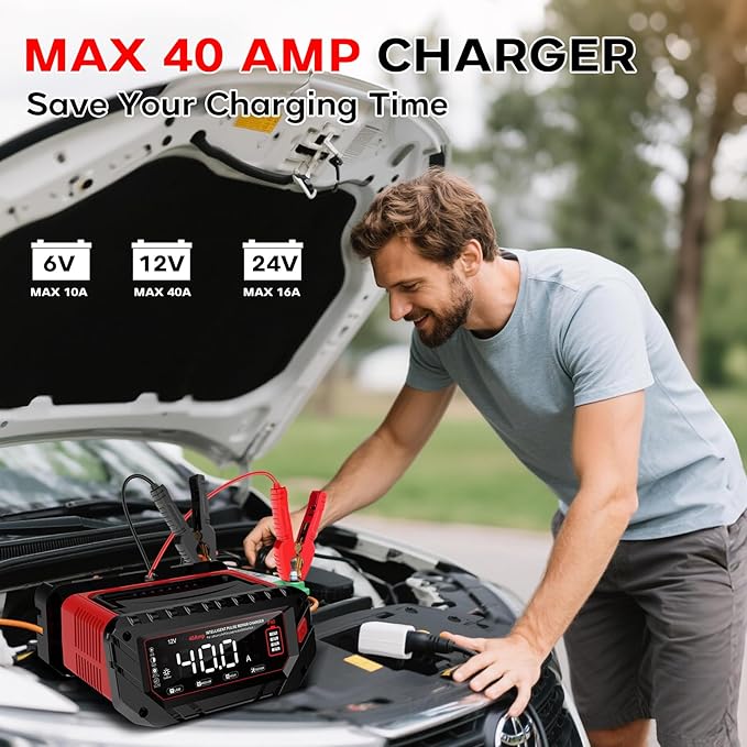 40 AMP Car Battery Charger, 6V/12V/24V Lead-Acid, Lithium, LiFePo4 Smart Battery Charger, Large Screen Trickle Charger, Fully Automatic Chargers and Maintainer for Car, Motorcycle, Lawn Mower