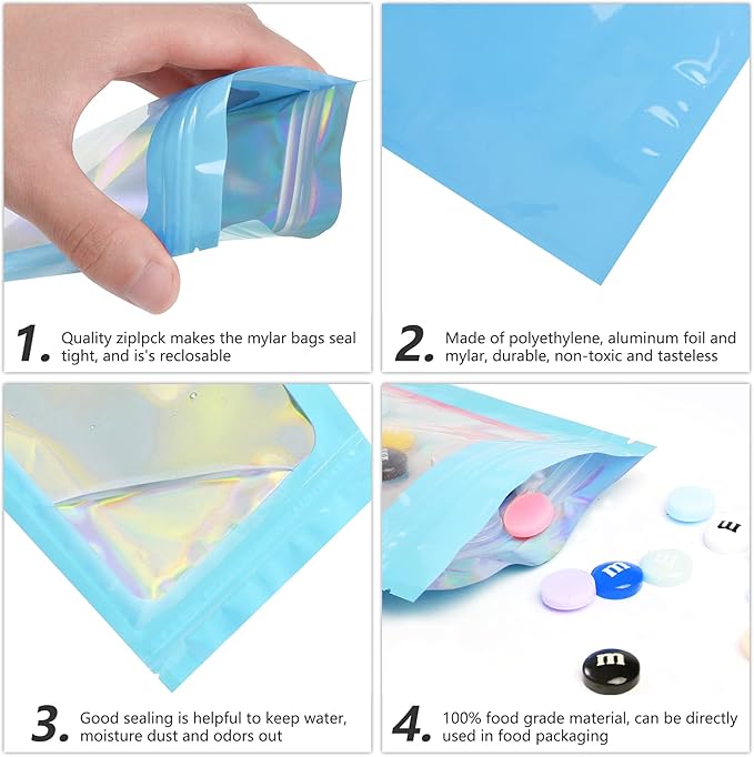 Funfery 100 pcs Blue Mylar Holographic Bags Packaging Bags,Clear Sealing Resealable Smell Proof Bag Foil Pouch Zipper Bag for Food Storage,Gloss,Lash Packing for Small Business(6.3x9.4In)