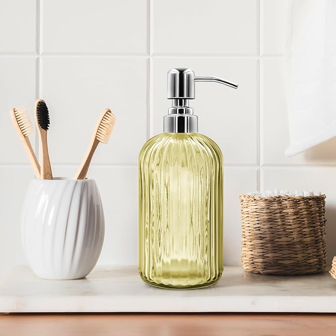 18 Oz Glass Soap Dispenser with Stainless Steel Pump, Modern Ribbed Design Refillable Liquid Soap Bottle for Bathroom, Kitchen, Hand Soap, Dish Soap, or Lotion (Yellow)