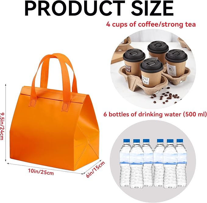 12 Pcs Insulated Take Away Bags, Disposable Lunch Bags For Food Takeaways, Coffee, Milk Tea, Seafood, Pizza, For Restaurants And Grocery Shops 9.5 x 6 x 10 In (orange)
