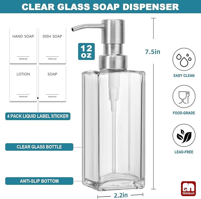 GMISUN Glass Soap Dispenser with Stainless Steel Pump, Clear Hand Soap Dispenser for Bathroom, 12 fl oz/350ml Hand and Dish Soap Dispensers Set for Kitchen, Refillable Liquid Soap and Lotion Bottle