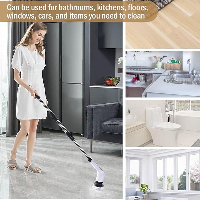 Electric Spin Scrubber, Cordless Cleaning Brush, Rechargeable Scrub Brush with 7 Replaceable Brush Heads, Adjustable Long Handle Power Scrubber for Bathroom Tile Bathtub Glass