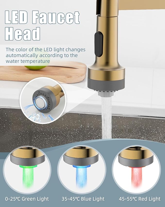 LED Kitchen Faucet with Soap Dispenser, Gold Kitchen Faucet, Faucet for Kitchen Sink, Single Handle Stainless Steel Camper Farmhouse RV Sink Faucets with Pull Down Sprayer