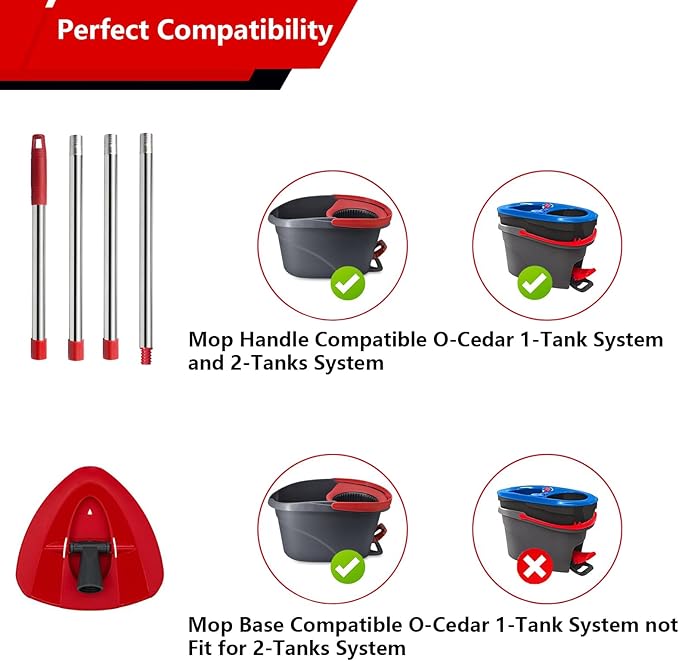 Mop Handle Replacement,4 Section Compatible with O-Cedar Spin Mop Refills 30"" to 58"" with 1 Mop Head Basee Fits O-Cedar EasyWring 1 Tank Spin