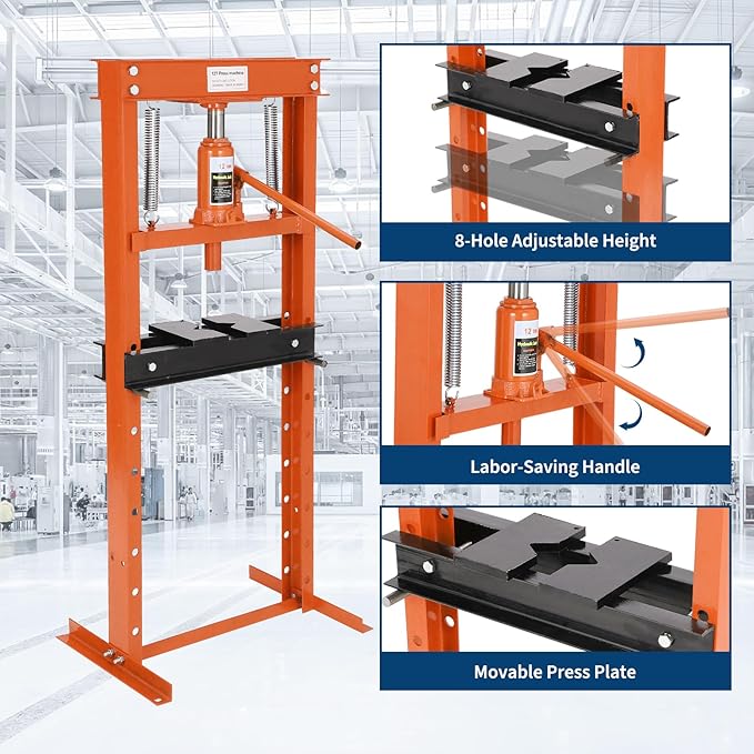 Hydraulic Press 12 Ton Hydraulic Shop Press H-Frame Garage Floor Adjustable Shop Press with 2 Plates Adjustable Working Table Height, Orange