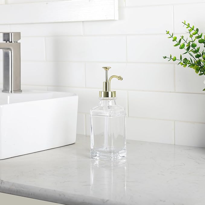 Clear Glass Soap Dispenser with Brushed Gold Finish Pump, Modern Refillable Pump for Bathroom, Kitchen, or Office, Elegant Accent Piece for Interior Decoration