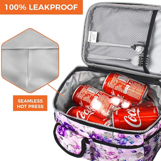 opux Insulated Lunch Bag for Men Women, Leakproof Floral Purple Lunch Box for Work, Portable Soft Lunch Cooler Bag with Shoulder Strap, Adult Lunchbox Lunch Pail for Kid Boy Girl School, 14 Can/8L