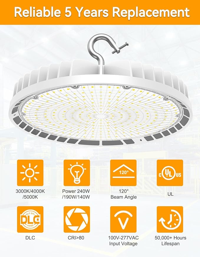 High Bay LED Lights UL DLC Listed Adjustable 240W/190W/140W 3000K/4000K/5000K Dimmable UFO LED Shop Light for Gym Factory Warehouse
