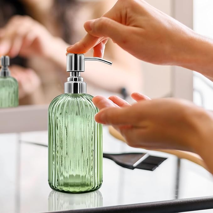 18 Oz Glass Soap Dispenser with Stainless Steel Pump, Modern Ribbed Design Refillable Liquid Soap Bottle for Bathroom, Kitchen, Hand Soap, Dish Soap, or Lotion (Light Green)