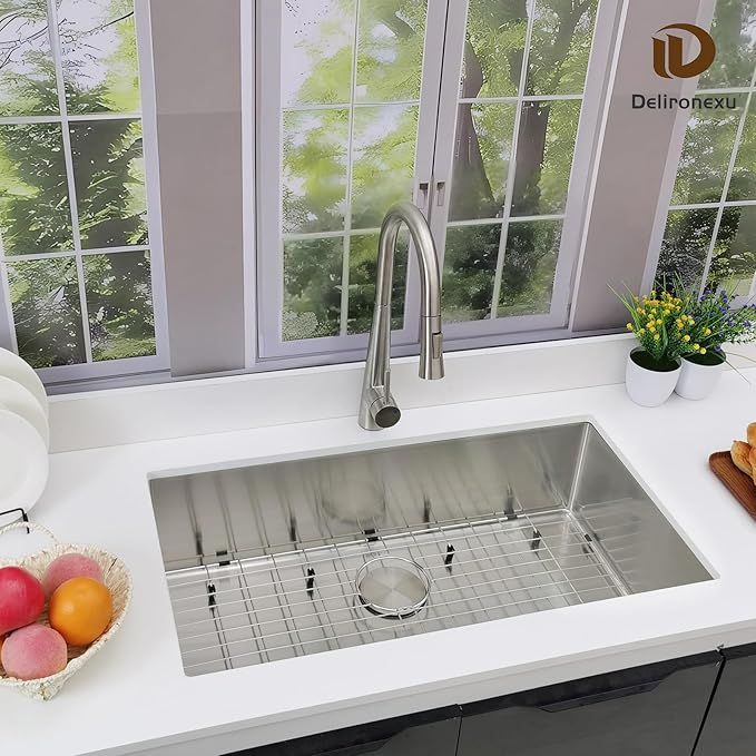 33 Inch Undermount Kitchen Sink – Delironexu 16 Gauge Stainless Steel Sink, Single Bowl Kitchen Sinks Undermount, 33x19 kitchen sink with Bottom Grid, Drain & Towel