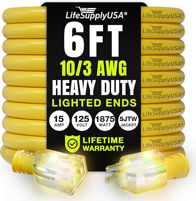6ft Outdoor/Indoor Extension Cord 10/3 Gauge Ultra Heavy Duty 3 Prong SJTW, Waterproof, Flexible Cold-Resistant Long Power Cord,15A 125V 1875W, Yellow by LifeSupplyUSA