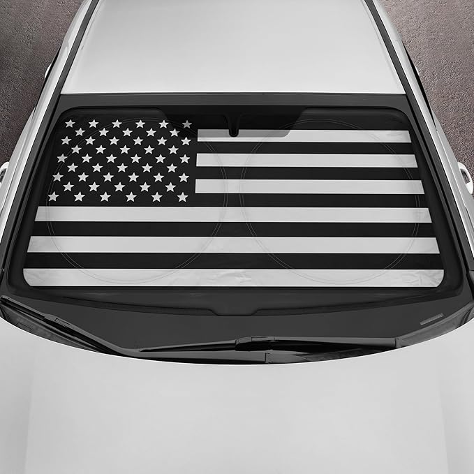 Motor Trend USA Black American Flag Car Windshield Sun Shade for Front Window, Foldable Car Sun Shade with Patriotic Graphic, Collapsible Sun Visor Sunshade for Cars Windshield (Medium 65" x 33")