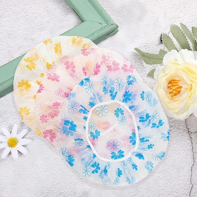 18Pcs Plastic Shower Caps for Women Waterproof Bath Caps Bathing Hair Cap Reusable Shower Caps for Shower,Spa,Salon,Housework,Girls,Home,Travel (Yellow+Red+Blue-Flower)