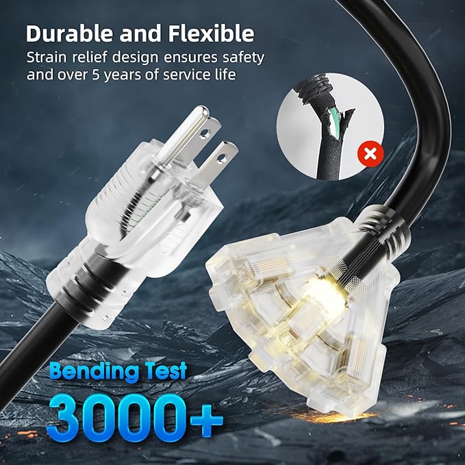 25 FT Outdoor Extension Cord with Multiple Outlets, 12 Gauge Heavy Duty Black Extension Cord Waterproof with 3 Outlet, 3 Prong Power Cord for Garden and Home Use Indicator Light, ETL Listed