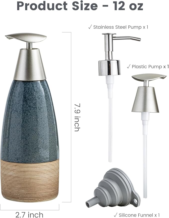 12 oz Dish Soap Dispenser with 2 Pumps, Ceramic Hand Soap Bottle for Shampoo, Body Wash, Lotion, Liquid Dispenser for Kitchen Countertop with Silicone Funnel, Blue