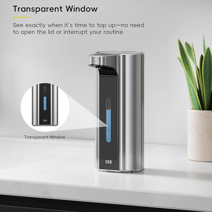 EKO Aroma Pro 13.5 fl oz Touchless Automatic Liquid Soap Dispenser, Rechargeable Hand & Dish Soap Dispenser for Bathroom and Kitchen Sink, Waterproof, Adjustable Volume Control (Stainless Steel)