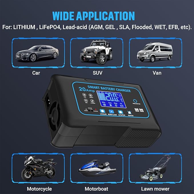 20 AMP Battery Charger, 12V/24V Lead-Acid, Lithium, LiFePo4 Smart Battery Charger, Trickle Charger, Fully Automatic Chargers and Maintainer for Car, Motorcycle, Lawn Mower