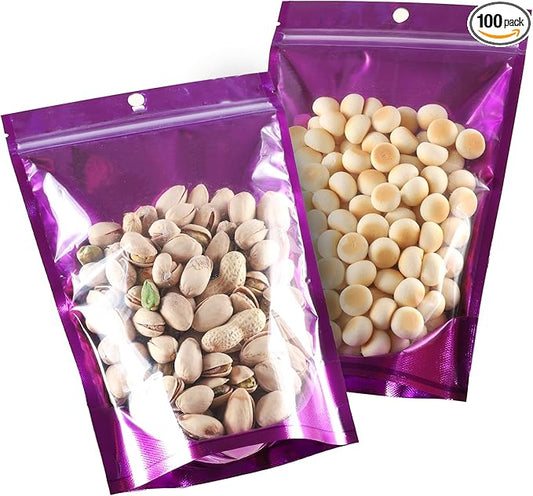 Mylar Bags for Food Storage 6.3 * 9.4, 100 PCS Clear Front Aluminum Resealable Bags for Small Business, Sealable Bag for Packaging with Guset Purple