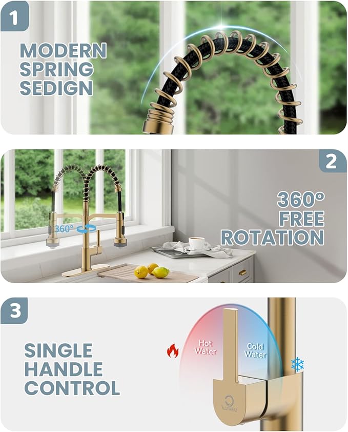 LED Kitchen Faucet with Soap Dispenser, Gold Kitchen Faucet, Faucet for Kitchen Sink, Single Handle Stainless Steel Camper Farmhouse RV Sink Faucets with Pull Down Sprayer