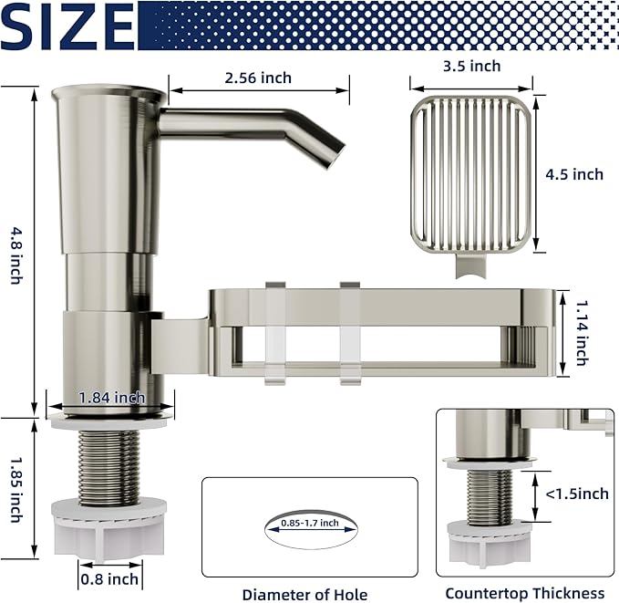 Soap Dispenser Pump for Kitchen Sink with Sponge Rack,ABS Plastic in Counter Soap Dispenser with 39" Extension Tube kit,Built in Dish Soap Dispensers Under Sink,on Countertop,Brushed Nickel