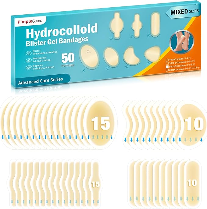 50ct Blister Bandages for Feet Hydrocolloid Bandages Waterproof Blister Cushion for Feet Toes Heels Blister Pads for Prevention Variety Pack